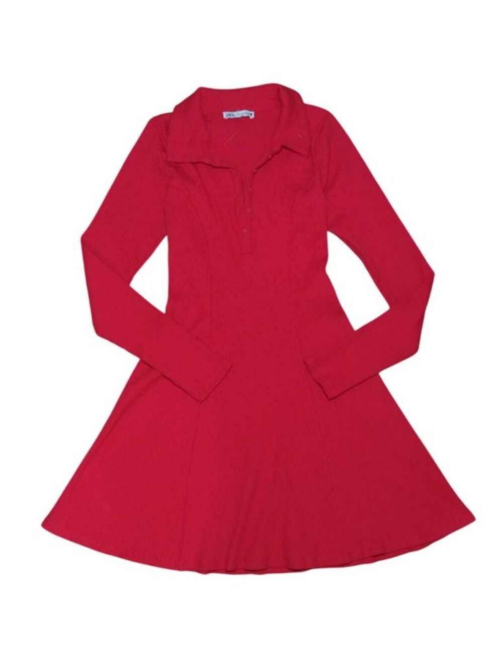 Zara Red Ribbed Knit Flare Dress Button Collar Long Sleeve Size S NWOT